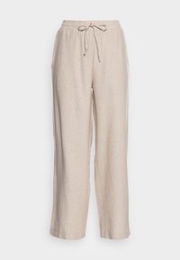 Ljusbeiga linnebyxor med en avslappnad passform, elastisk midja och dragsko. Har sidofickor och en slät textur.