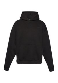 Felpa nera in misto cotone, con tasca frontale, polsini e orlo a costine, e un logo minimalista sul petto.