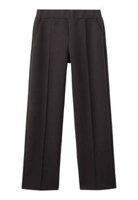 Zwarte wijde broek met een gladde textuur, voorplooien en zijzakken. Gemaakt van een lichte stof met een elastische tailleband.