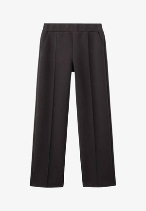 Bredde sorte bukser med glat tekstur, frontoverfalsninger og sidelommer. Lavet af et let stof med elastisk talje.