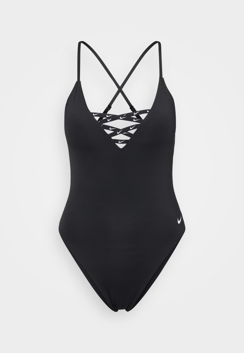 Costume da bagno intero nero con scollatura a V, design con spalline incrociate sul retro, caratterizzato da un logo Nike bianco e un pannello interno con motivo a logo bianco.