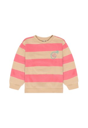 Kinder-Sweatshirt mit langen Ärmeln, breiten horizontalen rosa und beigen Streifen und einer kleinen türkisen Macaron-Grafik auf der linken Brust.