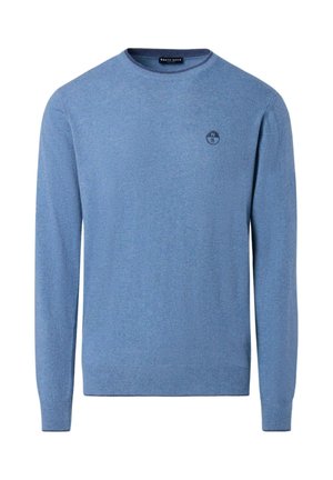 Maglione blu a maniche lunghe realizzato in materiale morbido, dotato di colletto rotondo, polsini a coste e un piccolo logo circolare sul petto sinistro.
