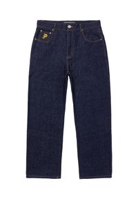 Jeans in denim blu scuro con una forma a gamba dritta, caratterizzati da cuciture gialle e un logo ricamato sulla tasca anteriore.