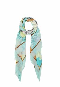 Foulard léger en soie multicolore avec des motifs floraux et animaux, fond turquoise et bandes accent chevron. Bords effilochés.