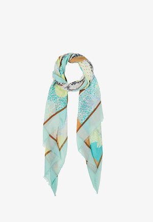 Pañuelo de seda ligero y multicolor con patrones florales y de animales, base turquesa y franjas de acento en chevron. Bordes deshilachados.