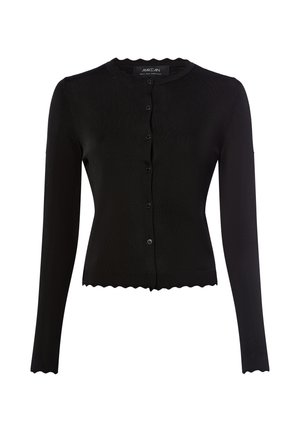 Zwarte lange mouwen cropped cardigan met golvende randen, ronde halslijn en knoopsluiting aan de voorkant.