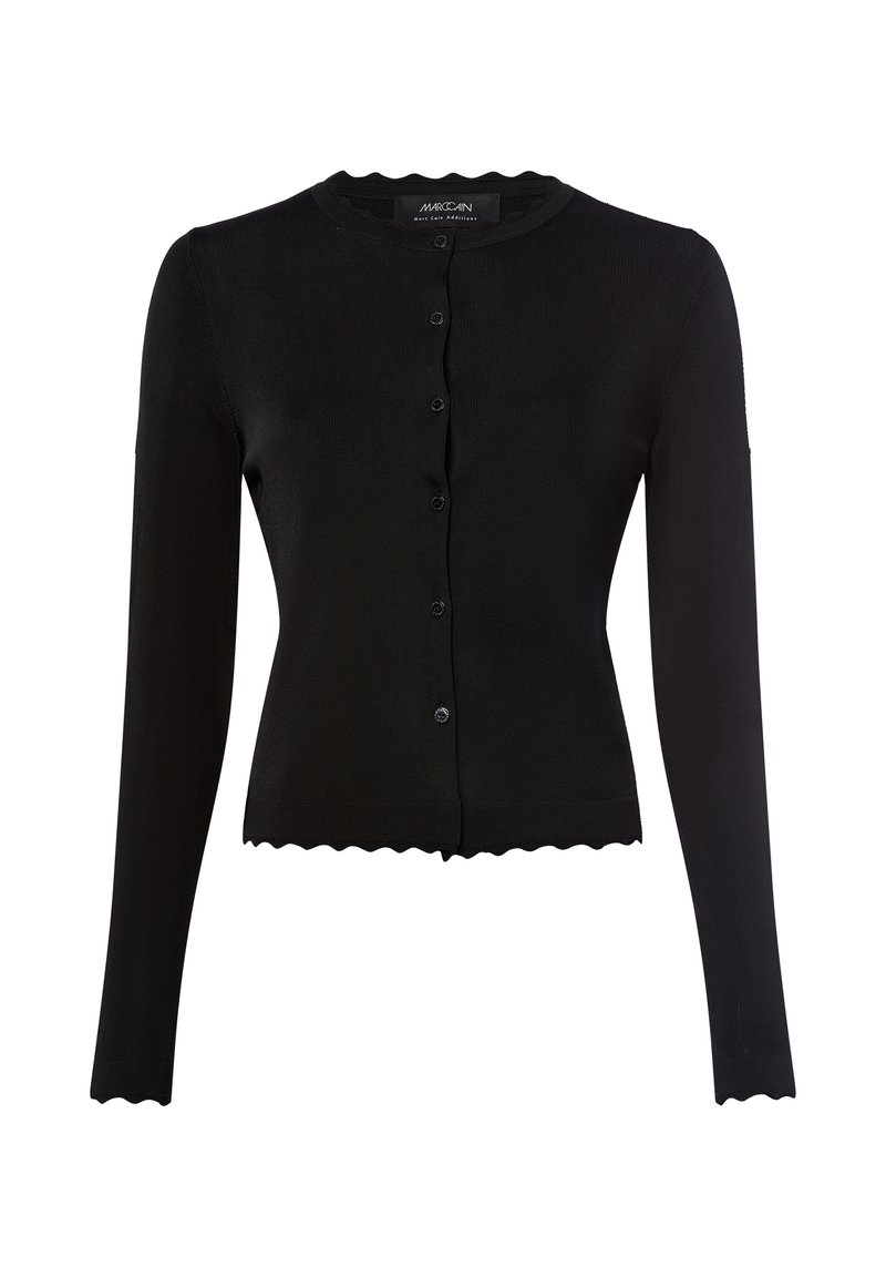 Czarny kardigan z długim rękawem, krótkim kroju, ze falbaniastymi brzegami, okrągłym dekoltem i zapięciem na guziki z przodu.