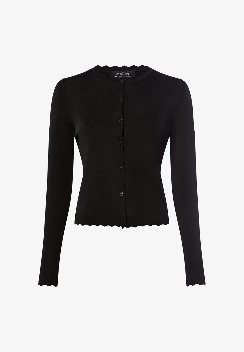 Czarny kardigan z długim rękawem, krótkim kroju, ze falbaniastymi brzegami, okrągłym dekoltem i zapięciem na guziki z przodu.