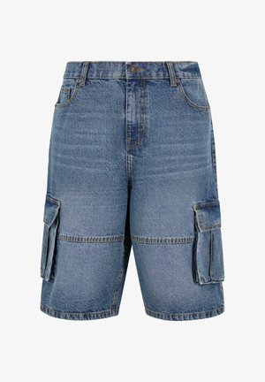 Heledsinisest denimist cargo-lühikesed püksid, millel on mitu küljetaskut, klassikaline vöökoht ja õmblustehnika. Kulunud ja pleekinud tekstuur.