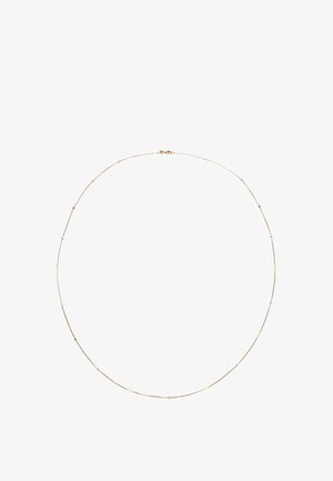 Guldfarvet halskæde med en delikat kæde, der har jævnt fordelt cirkulære detaljer i sølv og guld. Lås i nakken.