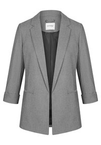 Blazer gris à motifs en tissu texturé, avec un col cranté, un devant ouvert et des manches trois-quarts retroussées.