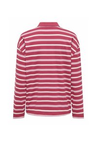 Long-sleeve polo shirt in red and light pink stripes, featuring a collared neck and soft fabric texture, with white accent stripes.