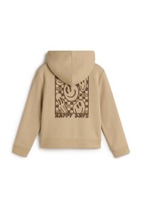 Beige huvtröja, mjuk textur, kort design. Brunt grafiskt tryck på baksidan med leende ansikten och texten "HAPPY DAYS."