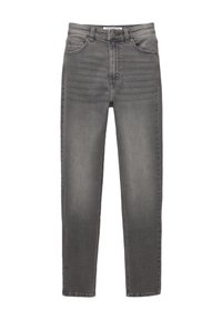 Jeans skinny de talle alto gris con bolsillos frontales, cierre de botón y un ligero desgaste en los muslos y las rodillas.