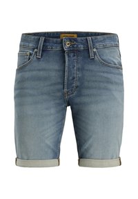 Blauwe denimshorts met opgerolde boorden, knoop aan de voorkant, ritssluiting, riemlussen en zijzakken.