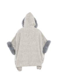 Poncho a scacchi in bianco e grigio con cappuccio, caratterizzato da morbidi bordi in pelliccia sintetica grigia. Vestibilità comoda e oversize, con lati aperti.