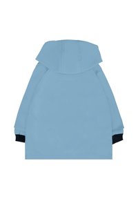 Giacca impermeabile azzurra con cappuccio, polsini elasticizzati e una texture liscia. Presenta un design semplice senza hardware visibile o pattern.