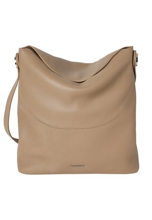 Beige leather shoulder bag with a slouchy top and a single strap, featuring subtle stitching and a small metal brand logo.
