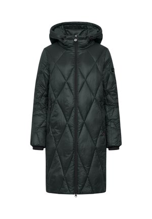 Langer, dunkelgrüner Daunenmantel mit einem Rautenmuster, Kapuze, Reißverschluss und elastischen Bündchen. Glattes, glänzendes Material mit Seitentaschen.