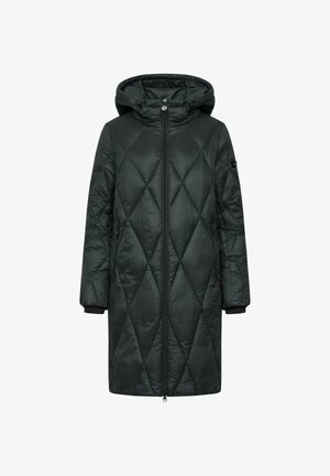 Langdonkergroene pufferjas met een ruitvormig quiltpatroon, capuchon, ritssluiting en elastische boorden. Glad, glanzend materiaal met zijzakken.