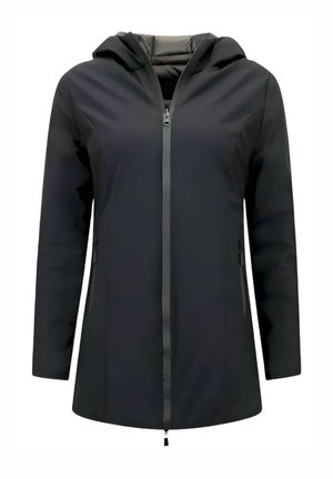 Zwarte waterdichte jas met capuchon, voorzien van een voorrits, twee zijzakken en een gladde stoftextuur. Slim fit design.