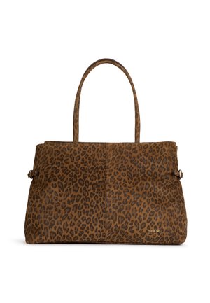 Brown leopard print tote bag with two handles and small "nat & nin" logo on the lower right front side.