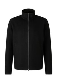 Sort jakke lavet af uldblanding, med en stående krave og lynlås foran. Den har to sidelommer og et struktureret, moderne design.