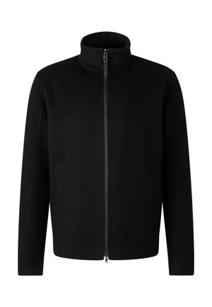 Sort jakke lavet af uldblanding, med en stående krave og lynlås foran. Den har to sidelommer og et struktureret, moderne design.