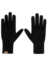 Schwarze Strickhandschuhe mit einem gerippten Bündchen und einer strukturierten Oberfläche. Mit einem kleinen Lederlogo-Akzent im Bereich des Handgelenks.