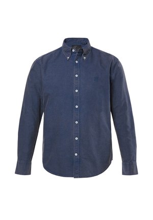 Miesten pitkähihaiset tummansiniset nappikauluspaidat, joissa on napillinen kaulus ja rinnan alueelle brodeerattu hillitty logo.