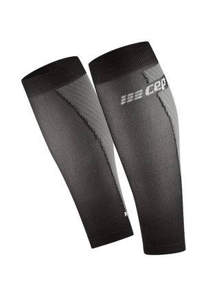 Pair of black and gray compression calf sleeves with brand logo on white background.