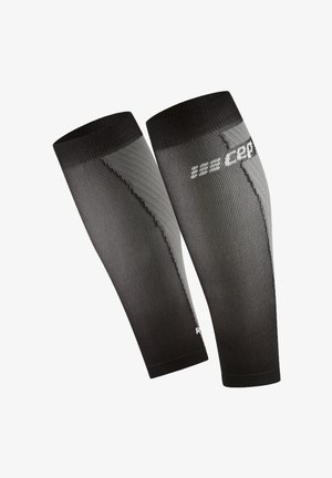 Paar schwarze und graue Kompressions-Kalbschoner mit Markenlogo auf weißem Hintergrund.