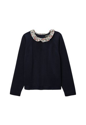 Pull en maille bleu marine à manches longues et col à volants à motif floral. Il présente une coupe décontractée ainsi qu'un ourlet et des poignets côtelés.