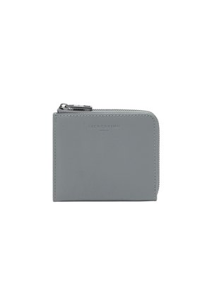 Gray leather wallet with a zip closure, rectangular shape, embossed brand logo on the front, and smooth texture.