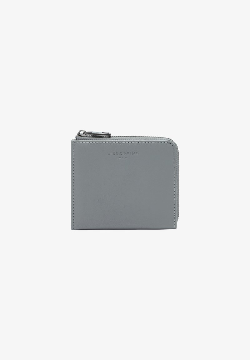 Gray leather wallet with a zip closure, rectangular shape, embossed brand logo on the front, and smooth texture.