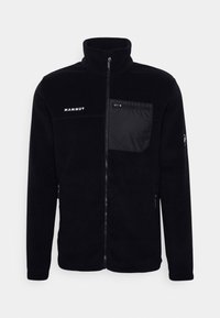 Black fleece jacket featuring a high collar, full front zipper, and a left chest pocket with a contrasting fabric and zip closure.