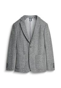 Blazer grigio con texture, colletto a scialle, chiusura con un solo bottone e due tasche anteriori. Presenta polsini con tre bottoni e una chiusura con zip all'interno.