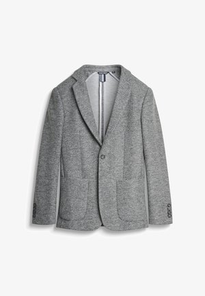 Blazer gris texturé avec un col cranté, fermeture à un bouton et deux poches avant. Comprend des poignets à trois boutons et une fermeture éclair intérieure.