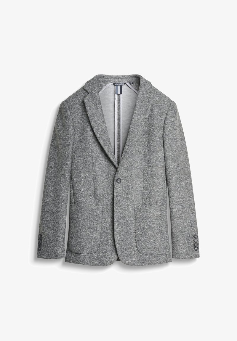 Blazer grigio con texture, colletto a scialle, chiusura con un solo bottone e due tasche anteriori. Presenta polsini con tre bottoni e una chiusura con zip all'interno.