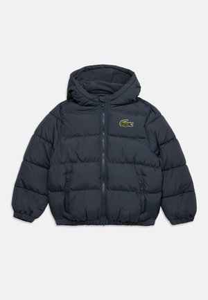 Marineblaue gesteppte Kapuzenjacke mit Frontreißverschluss, zwei Reißverschlusstaschen, elastischen Bündchen und grünem Krokodil-Logo auf der Brust.