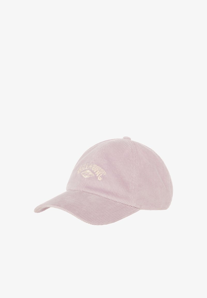 Light pink corduroy baseball cap with a curved brim and embroidered logo in white on the front. Features a textured surface and adjustable strap.