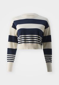 Pull court à rayures crème et bleu marine, tissu tricoté, col et poignets côtelés, avec des motifs horizontaux audacieux et des détails subtils.