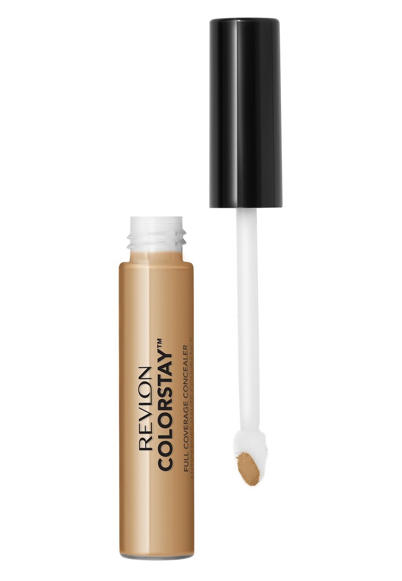 Korektor Revlon Colorstay w smukłej, przezroczystej tubce z brązowym płynem. Posiada biały aplikator i czarną nakrętkę.