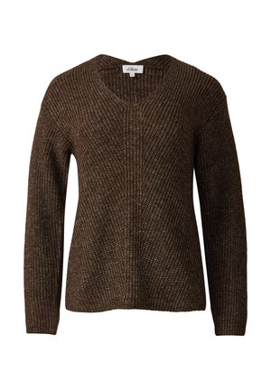 Brauner, gestrickter V-Ausschnitt-Pullover mit langen Ärmeln und strukturiertem vertikalem Muster, auf einem weißen Hintergrund präsentiert.