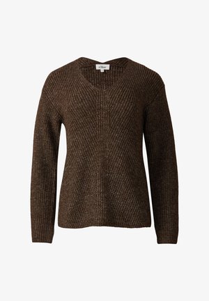 Suéter marrón de punto con cuello en V, mangas largas y un patrón vertical texturizado, exhibido sobre un fondo blanco.