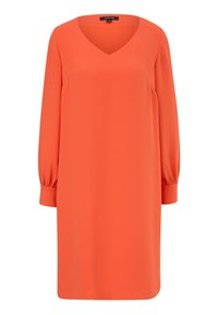 Orangeshiftkleid mit V-Ausschnitt, langen Puffärmeln und glatter Textur. Einfaches, knielanges Design; minimale Hardware oder Akzente.