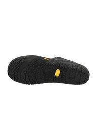 Black Vibram outsole with textured grip patterns, featuring a yellow logo. Designed for durability and traction on various surfaces.