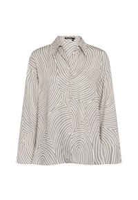 Long-sleeve shirt in light gray with a wavy, white pattern. Features a collared neck and button closure, made from a smooth fabric.