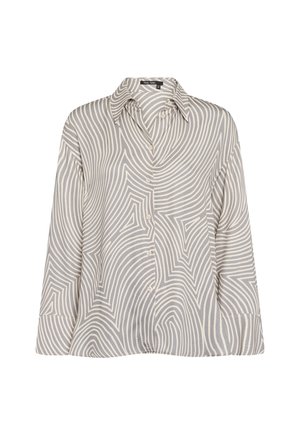 Long-sleeve shirt in light gray with a wavy, white pattern. Features a collared neck and button closure, made from a smooth fabric.